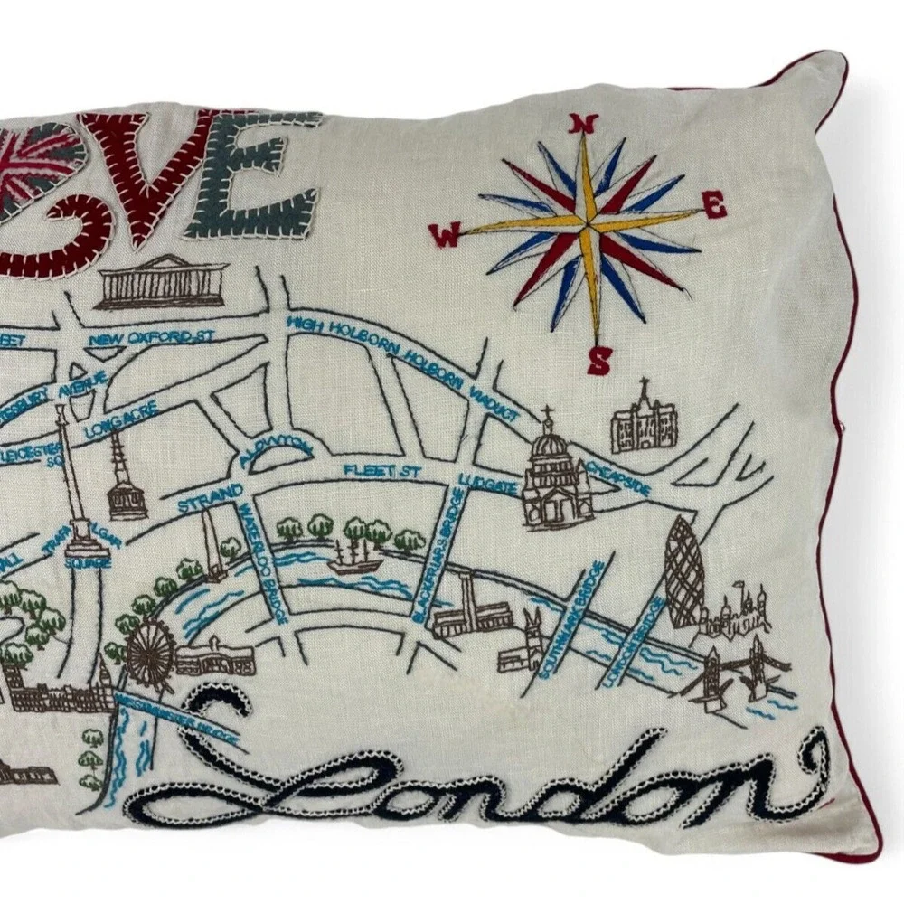 Jan Constantine England Pillow I Love London Embroidered Linen Wool 21x16